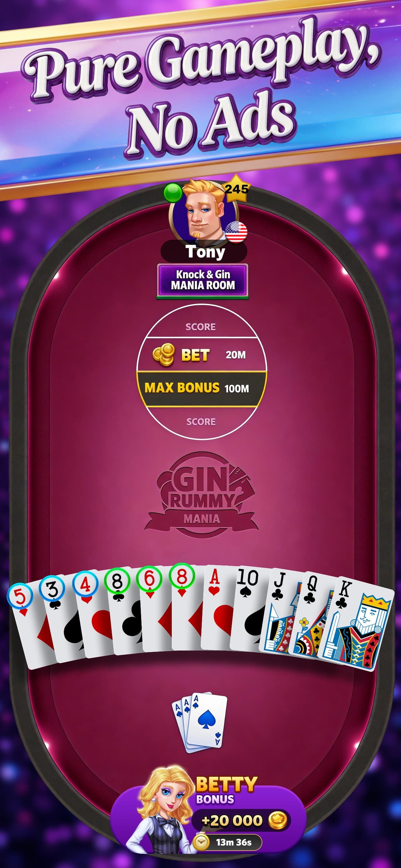 Gin Rummy Mania match showing two players, their scores, laid-off melds, and the player's hand.
