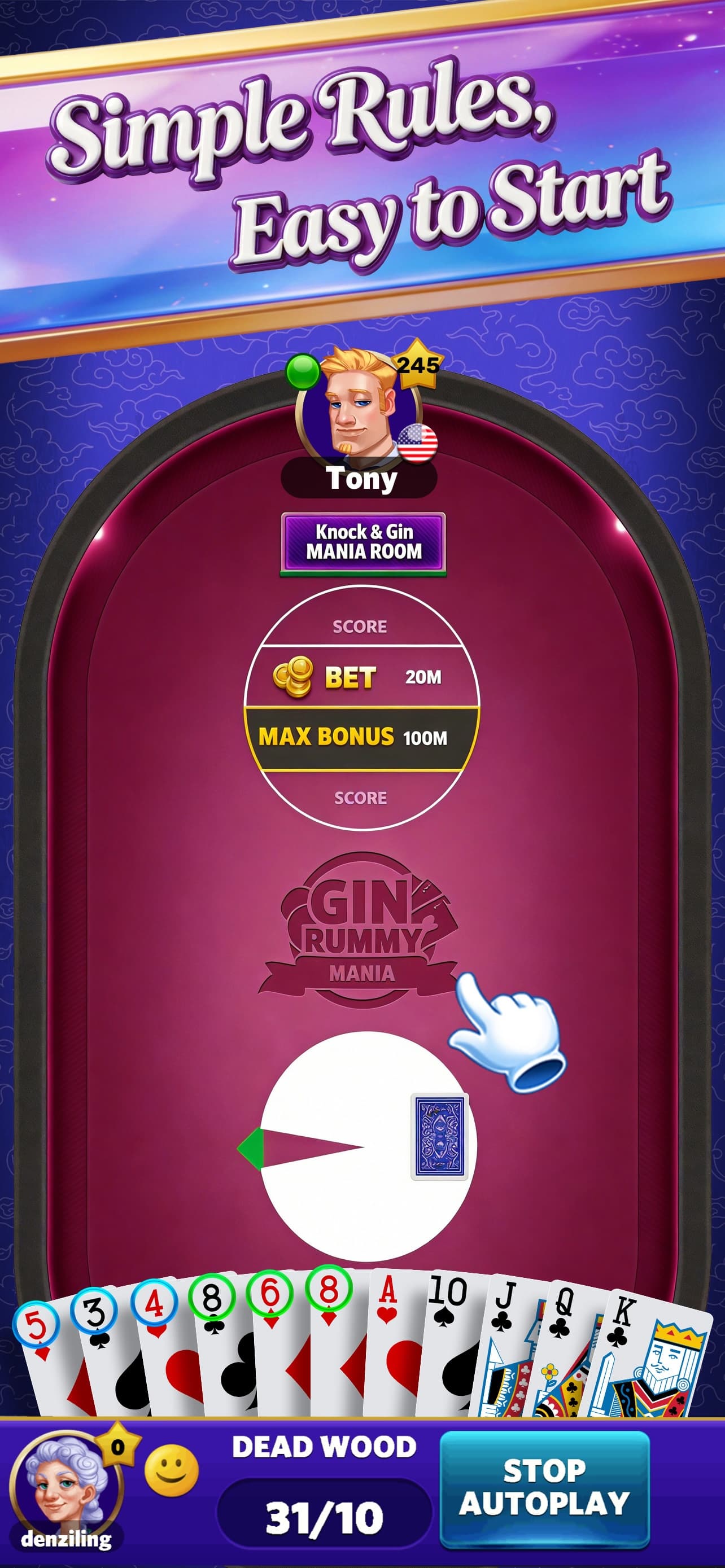 Gin Rummy Mania match with melds, a deadwood score of 31, and autoplay controls.