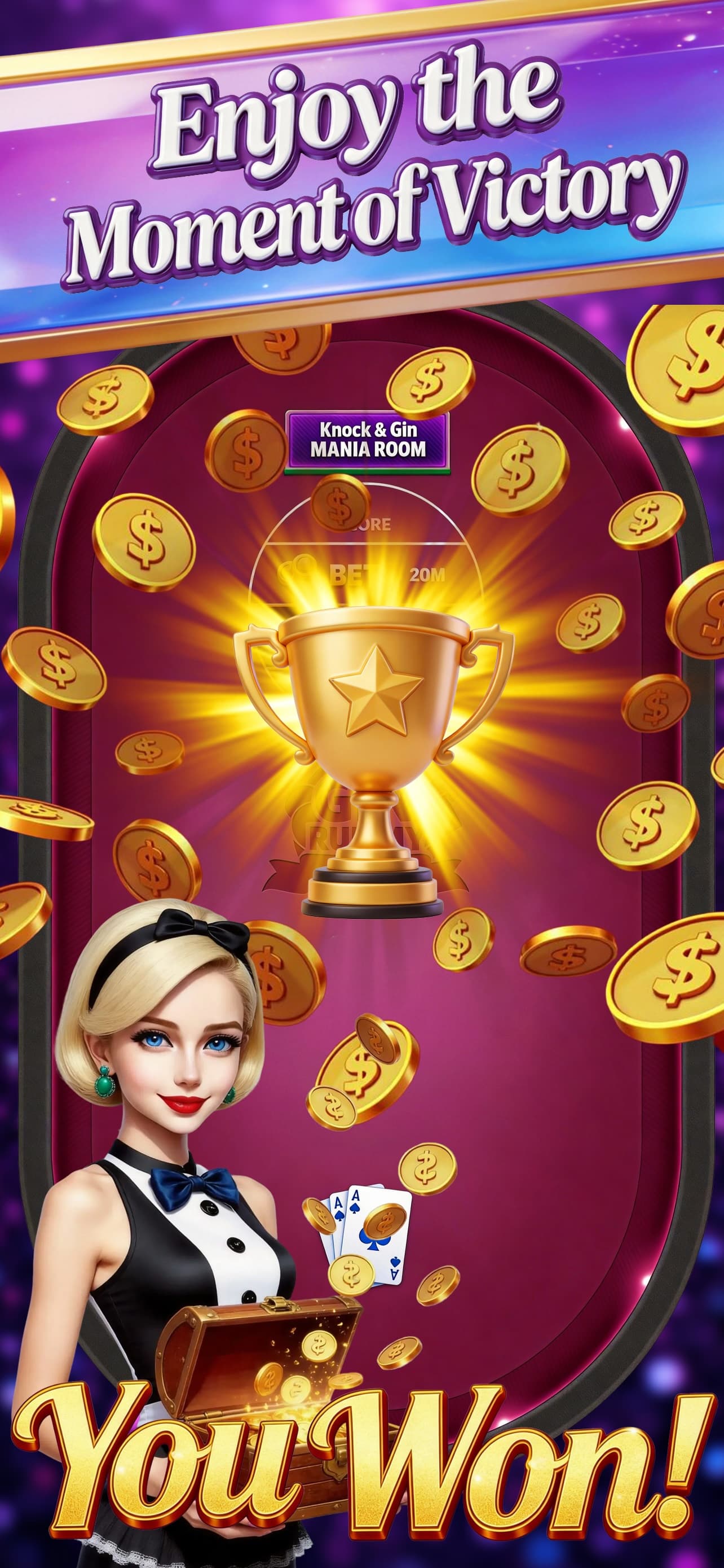 Gin Rummy Mania victory screen with a trophy, virtual coins, and a dealer character.